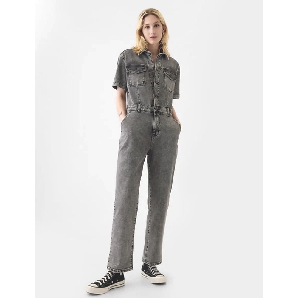 GAP Short Sleeve Denim Jumpsuit Women's Size 16 Tall Gray Black Wash Stretch EUC - Picture 2 of 16